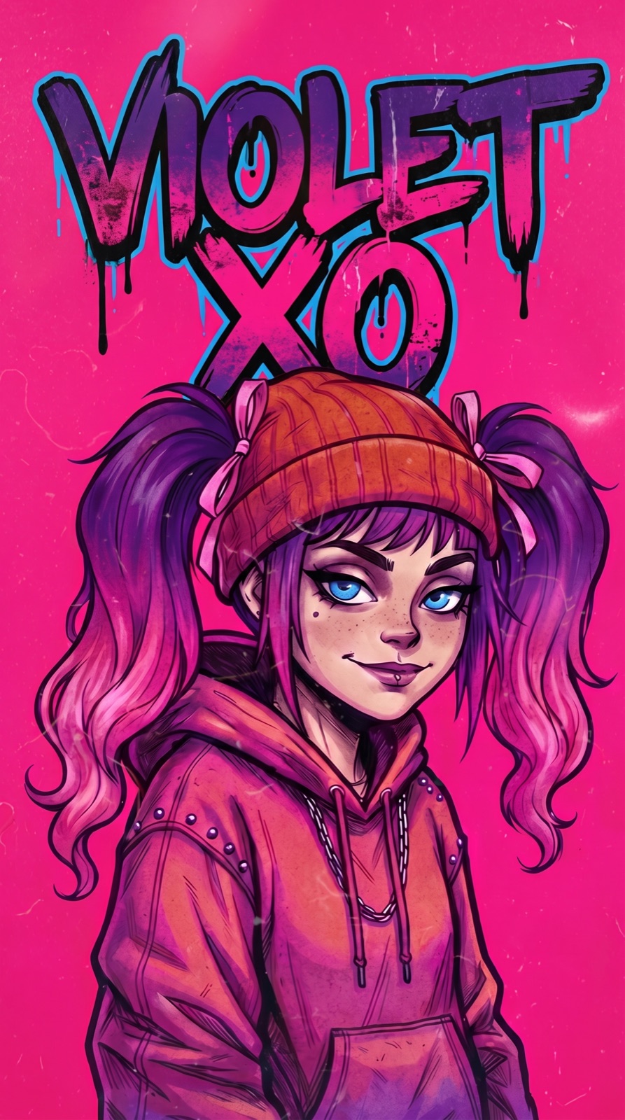 Violet XO: a hand-drawn girl with purple and pink pigtails under an orange beanie, beneath graffiti lettering of her name